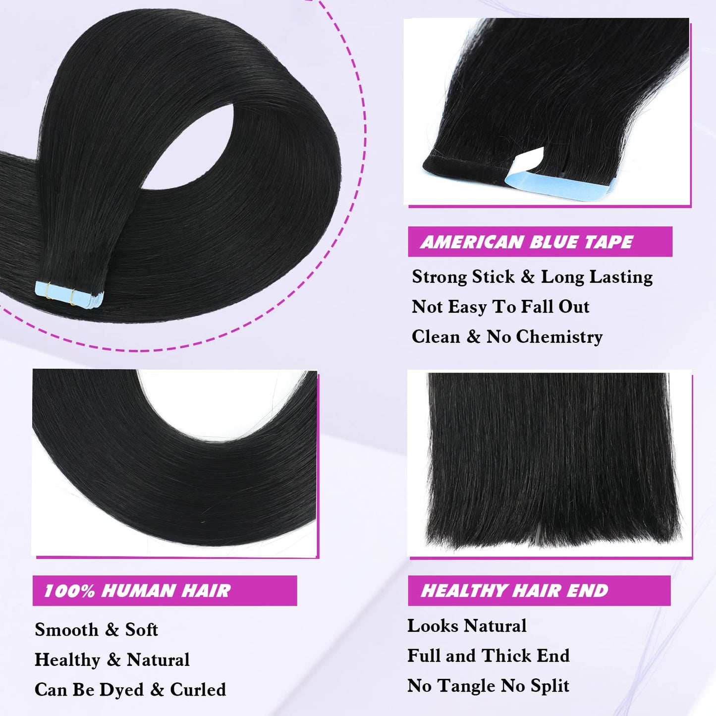 Tape in Hair Extensions Human Hair 24Inch Jet Black Tape in Hair Extensions 50g Seamless Skin Weft Pu Tape in Hair Extensions 20 pieces Real Human Hair Tape in Extensions for Black Women