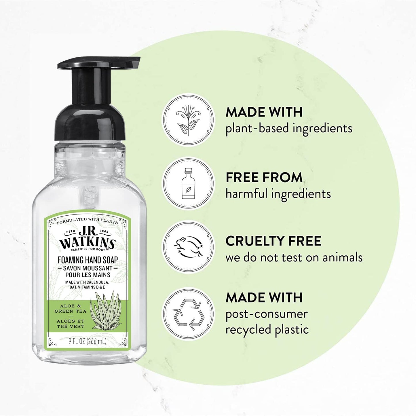 J.R. Watkins Foaming Hand Soap with Pump Dispenser, Moisturizing Foam Hand Wash, All Natural, Alcohol-Free, Cruelty-Free, USA Made, Aloe Green Tea, 9 fl oz, 3 Pack