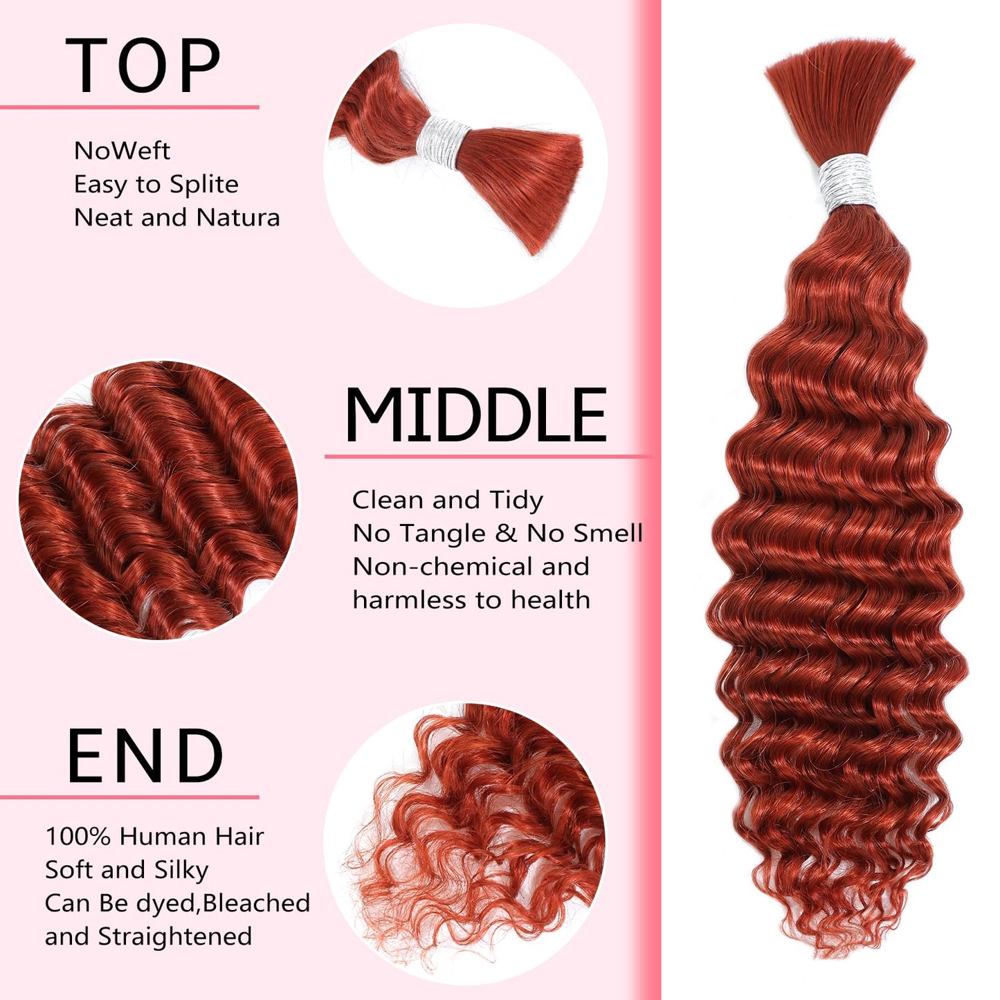 Deep Wave Bulk Human Braiding Hair for Boho Braids Ginger 100% Human Hair Unprocessed Brazilian Curly Human Hair for Human Hair Extensions 2 Braids Per of 1 pack 100g 24 Inch Human Hair