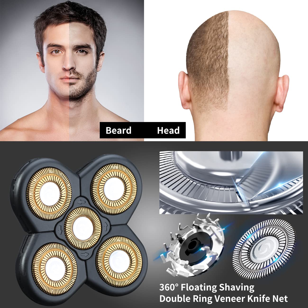 5 Blades Head Shaver Replacement Heads Replacement Blades Head Shaver Universal Replacement Blade Head Electric Razor for Men (5D Gold)