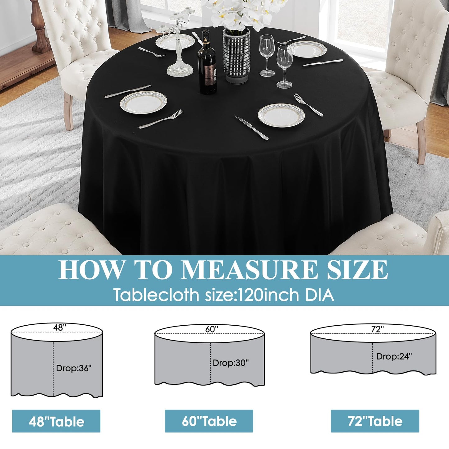 Vidafete 2 Pack 120inch Round Tablecloth Polyester Table Cloth,Stain Resistant and Wrinkle Polyester Dining Table Cover for Kitchen Dinning Party Wedding Rectangular Tabletop Buffet Decoration (Black)