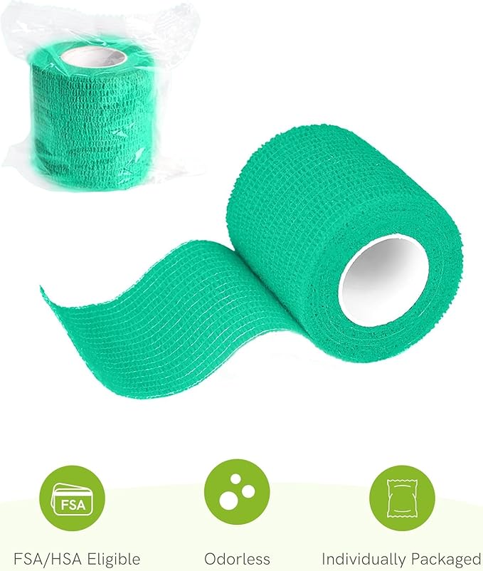 FriCARE Self Adhesive Bandage Wrap, Medical Tape in First Aid Kit, Cohesive Bandages for Wounds Sport Vet, FSA/HSA Eligible, 2 Inches X 5 Yards 6 Rolls, Teal