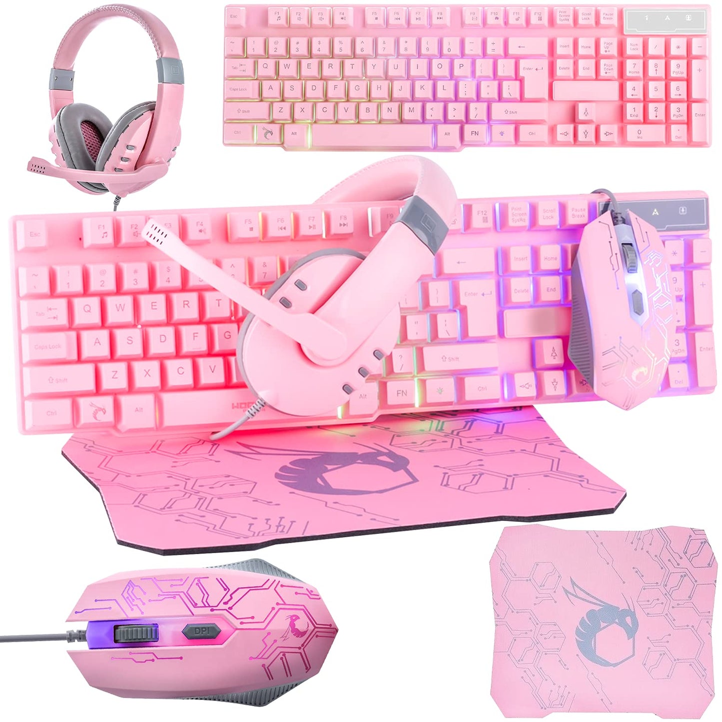 Gaming Keyboard and Mouse and Gaming Headset & Mouse Pad, Wired LED RGB Backlight Bundle for PC Gamers Users - 4 in 1 White Edition Hornet RX-250