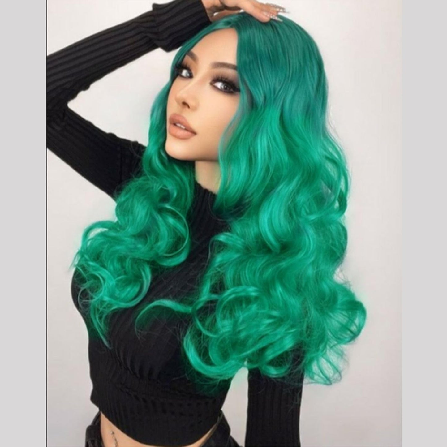 Long Green 2T Ombre Body Wave Synthetic Lace Front Wigs for Women Free Part Natural Hairline Glueless Wigs Light Green Ombre Green Body Wave Curly Heat Resistant Fiber Hair Replacement Wig Cosplay