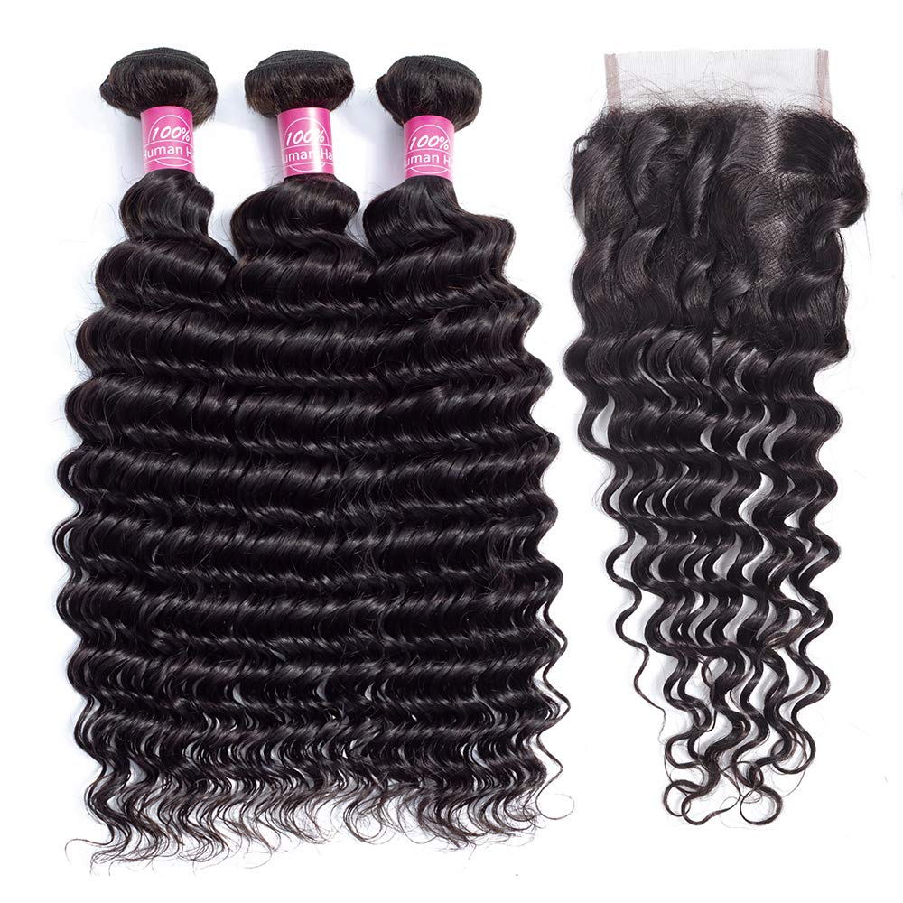 Deep Wave Bundles with Closure Brazilian 10A Human Hair Bundles(14 16 18+12 Closure)Deep Weave Curly Human Hair 3 Bundles with 4x4 Lace Closure Remy Unprocessed Virgin Human Hair Bundles Natural Color