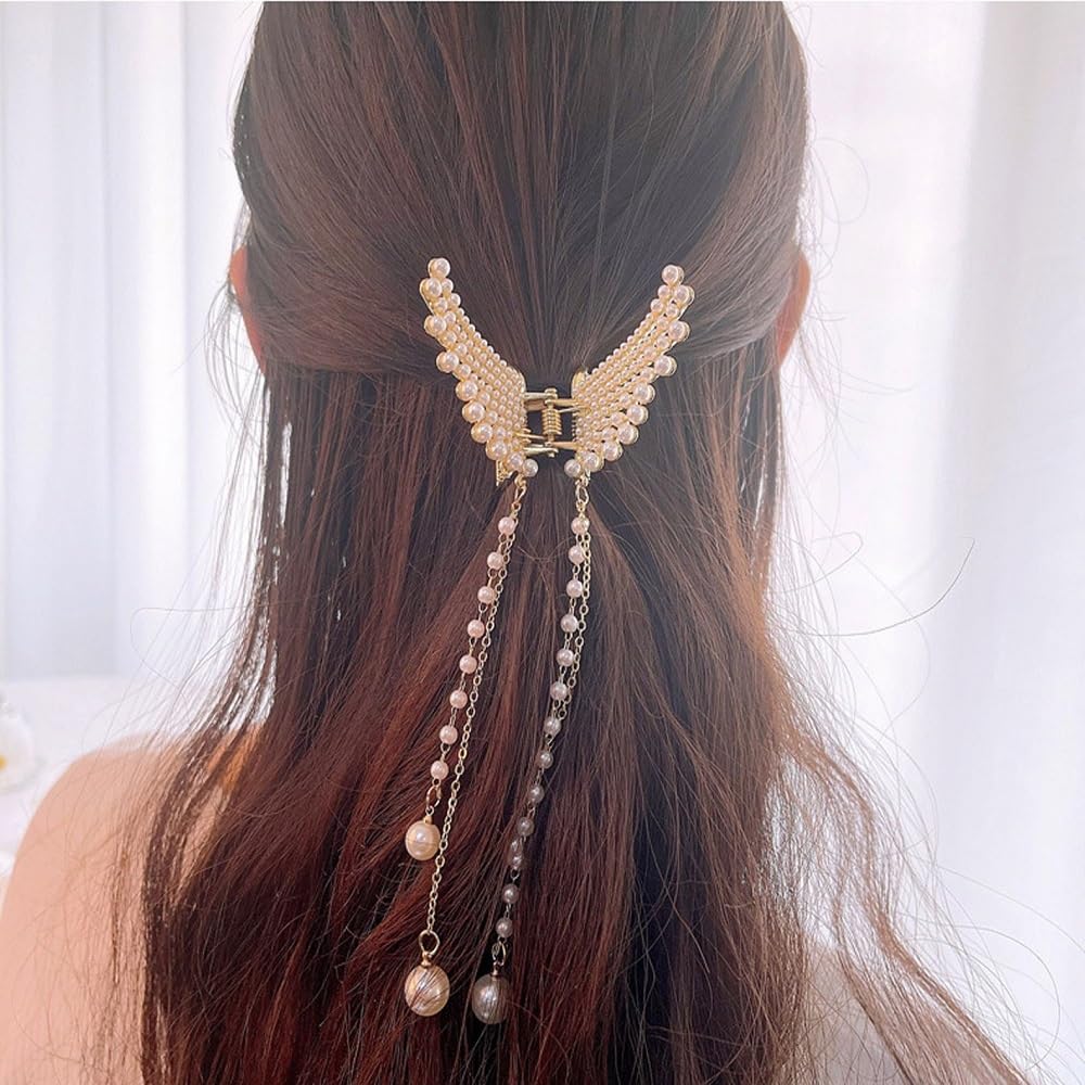 Kaichen Hair Clip for Women Girls, Pearl Tassel Claw Clips for Thin/Medium Fine Hair, Nonslip Jaw Clips (Style 01), Medium