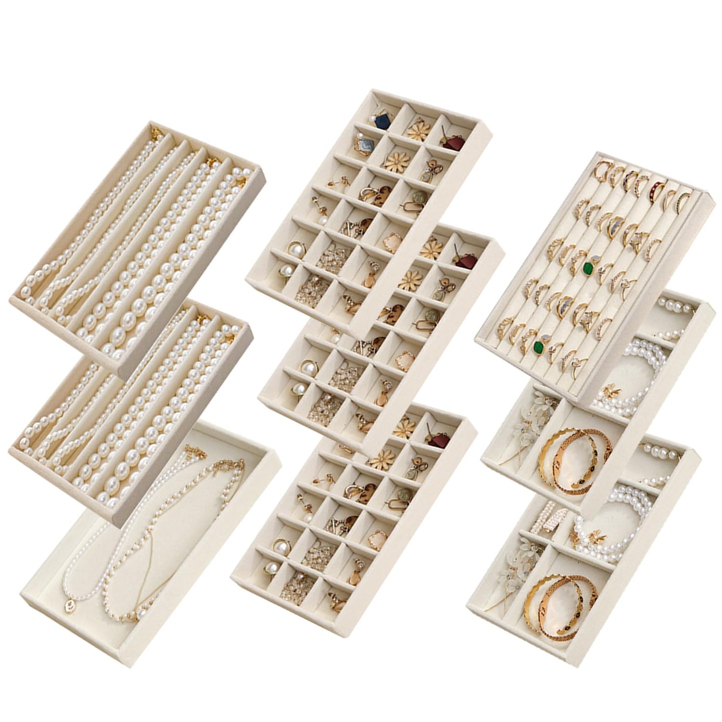 SPAKOWN Jewelry Drawer Organizer Inserts Set of 9, Jewelry Trays for Drawers Velvet Jewelry Organizer Tray Drawer Jewelry Organizers and Storage for Earring Ring Necklace Watch Bracelet (Beige)