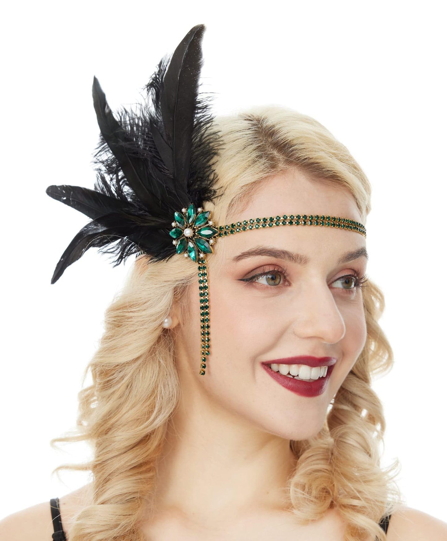 E EMZHOLE 1920s Headpiece Flapper Headband, Rhinestone Pearl Feather Hair Band Great Gatsby Bride Wedding Headdress Head Bands Bridal Hair Accessories for Women and Girls,Champagne (Green)