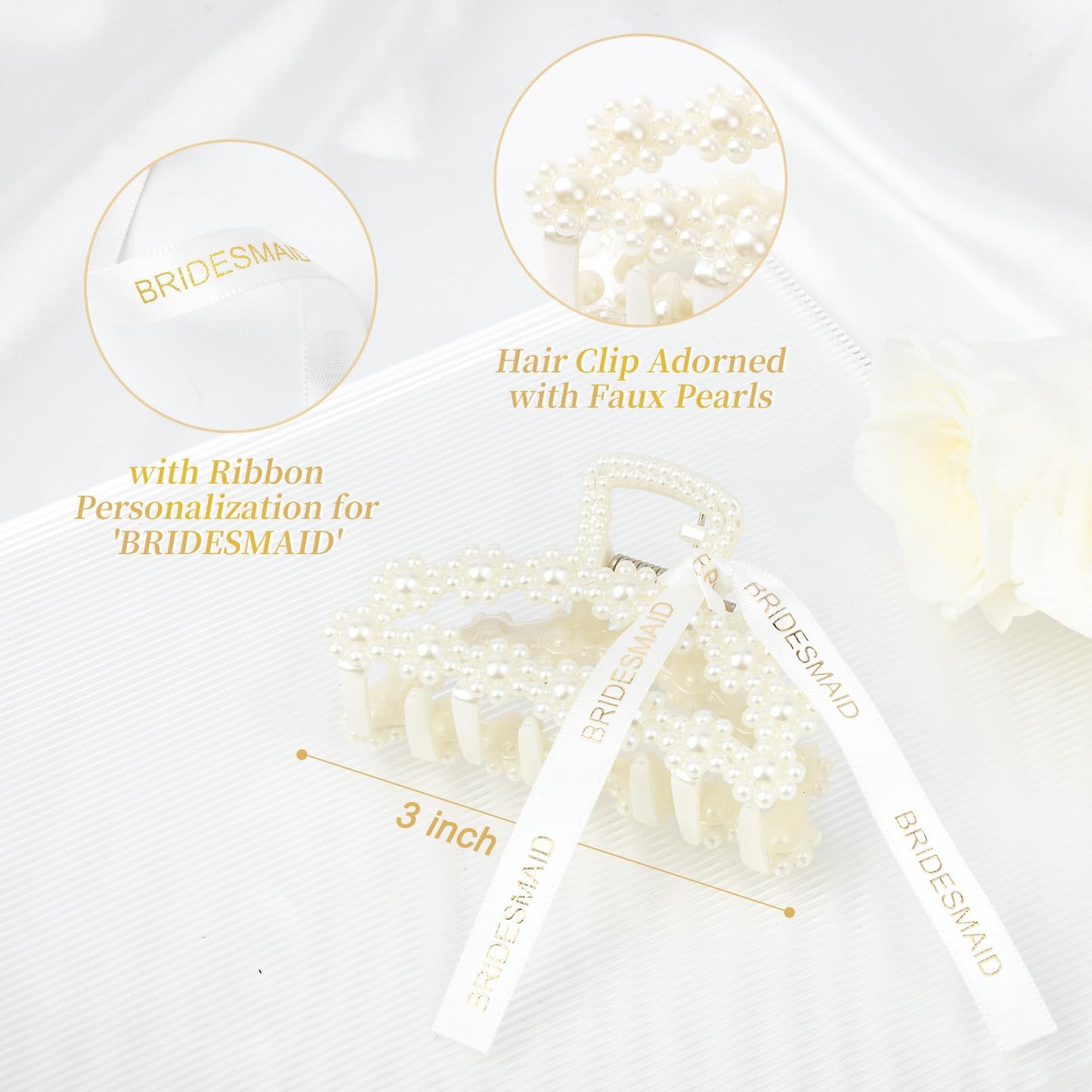 DEEKA Bridesmaid Proposal Gifts 6 Pack Pearl Bridesmaid Hair Claw Clips with Ribbon 3 Inch Hair Clips Bachelorette Party Favors Bridal Party Present Hair Accessories (Half Circle)