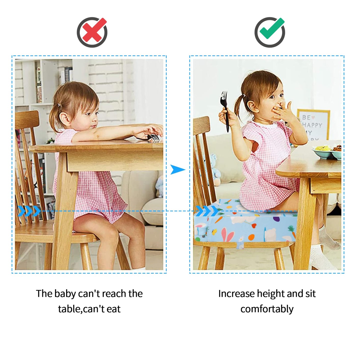 Toddler Booster Seat for Dining Table, Stronger Support Double Safe Straps Booster Seat Dining Toddler, Portable Travel Increasing Cushion (Blue Rabbit)