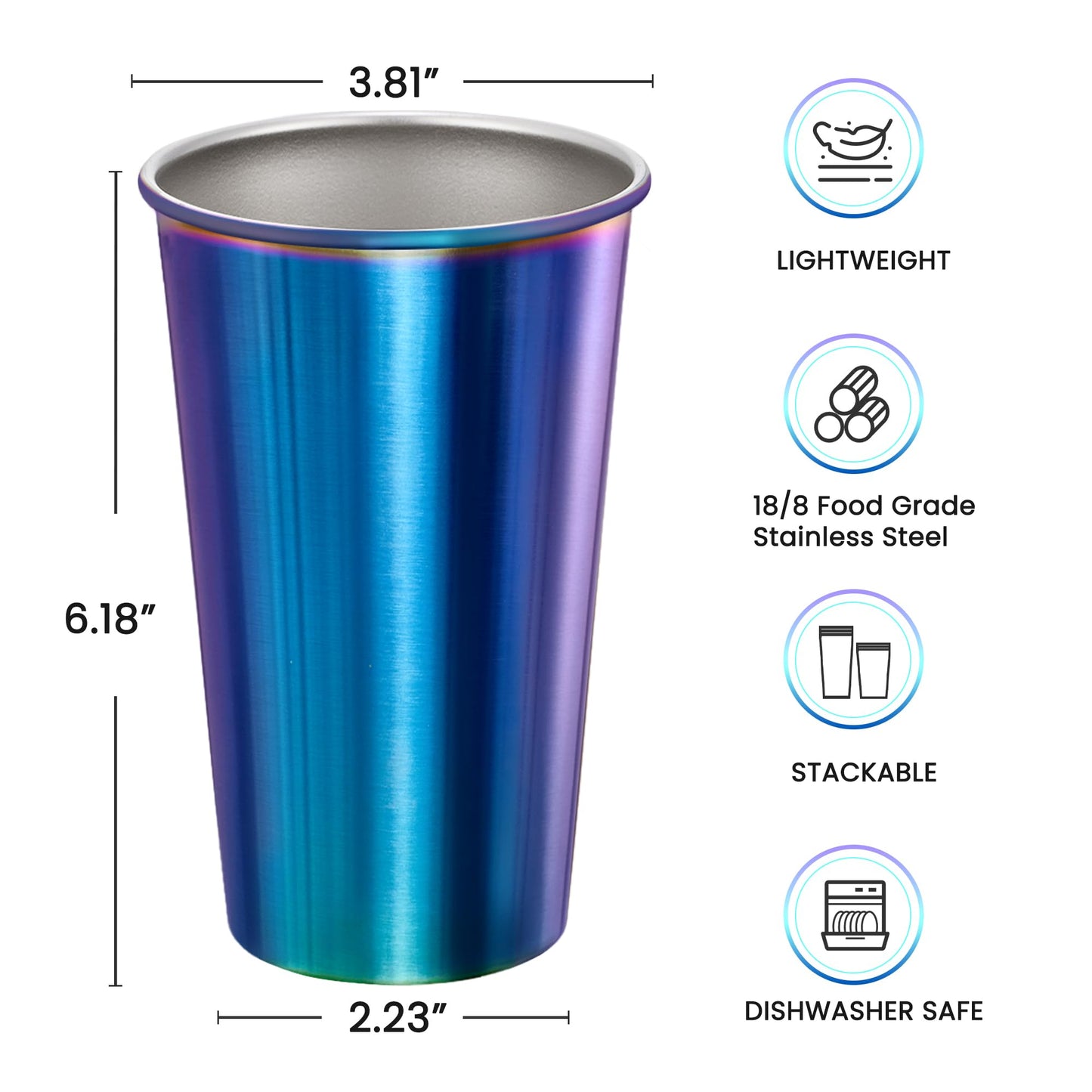 MEWAY 16 Pack 24oz Stainless Steel Pint Cup,Healthy Unbreakable and Stackable,Metal Drinking Glasses,Beer Glasses(Rainbow)