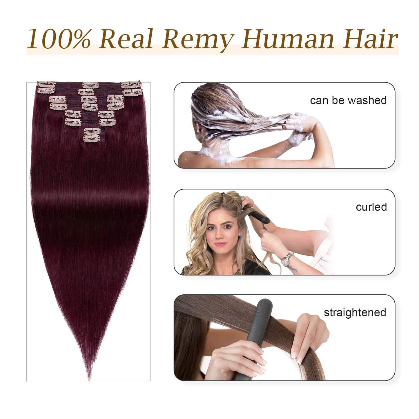 MY-LADY Double Weft 100% Clip in Remy Human Hair Extensions #99J Wine Red 10''-24'' Full Head Thick Long Soft Silky Straight 8pcs 18clips for Women 16 inch 130g