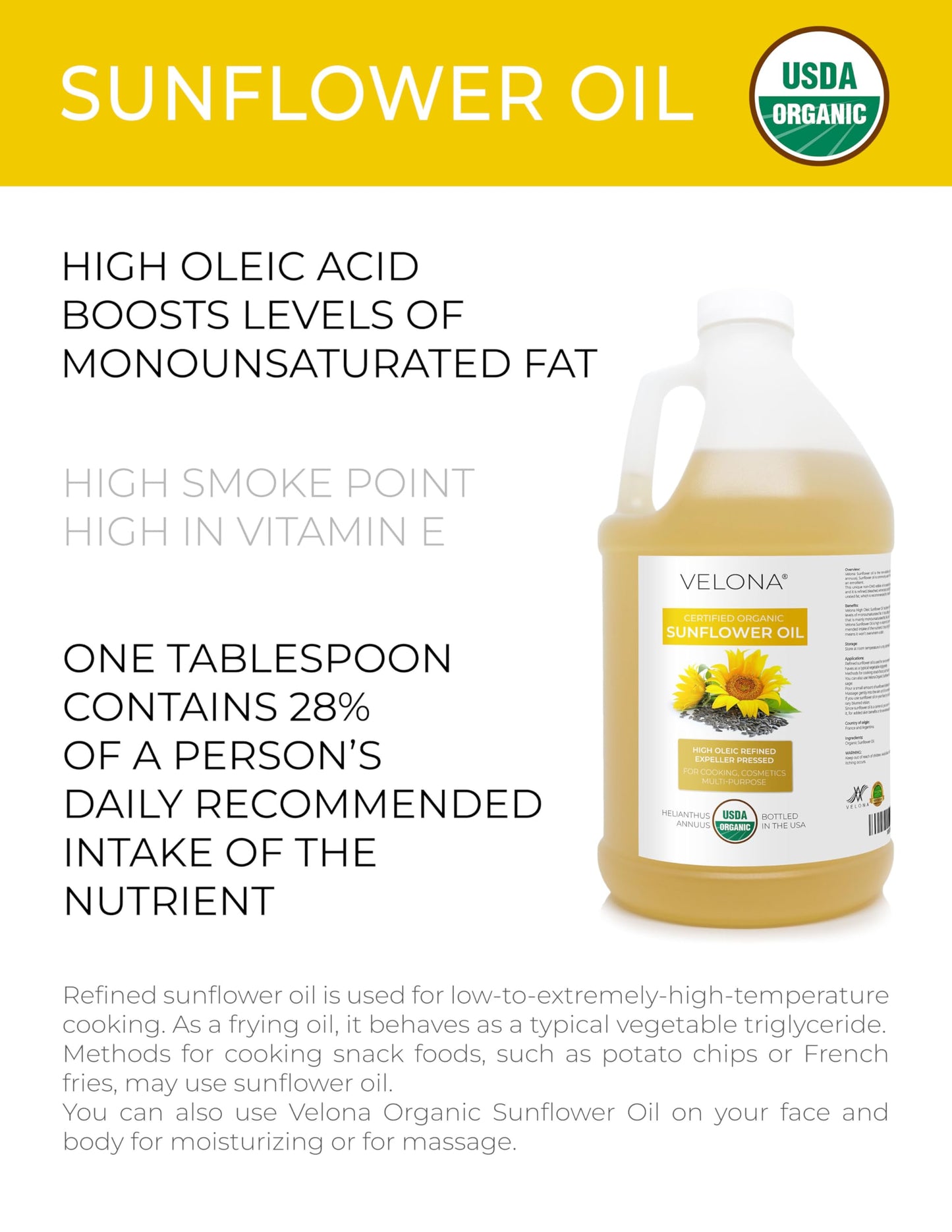 velona USDA Certified Organic Sunflower Oil - 1 Gallon / 128 Fl Oz | 100% Pure and Natural Carrier Oil | High Oleic, Refined, Cold Pressed