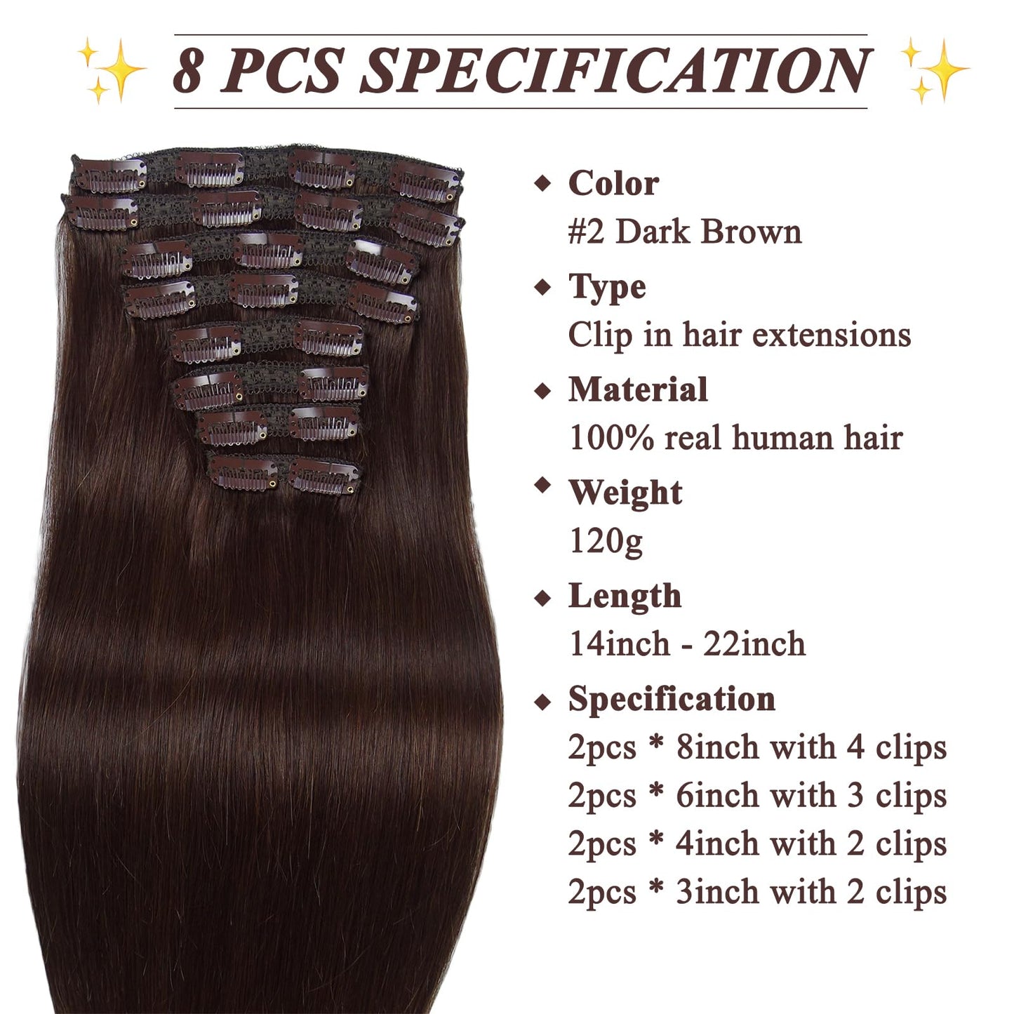 Dark Brown Clip in Human Hair Extensions 120G Hair Extensions Clip Ins Real Human Hair for Women's Daily Use, Soft & Natural(16 Inch, 8Pcs 22Clips)