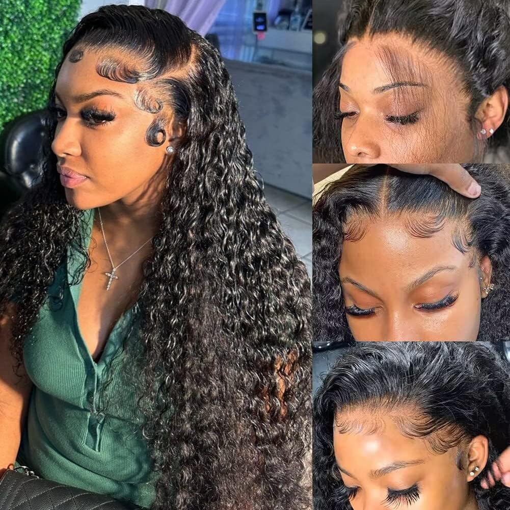 YOUJING Deep Wave Lace Front Wigs Human Hair 13x4 HD Transparent Lace Frontal Curly Wigs for Women Human Hair 180% Density Glueless Wigs Human Hair Pre Plucked with Baby Hair Natural Color(24 inch)