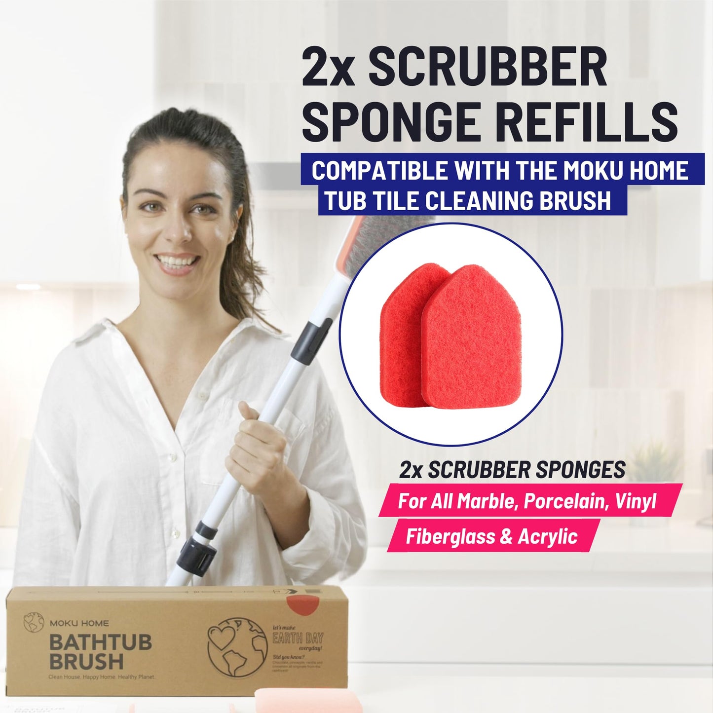 Moku Home Replacement Scrubber Refill for Extendable Tub Tile Shower Scrubber for Cleaning Non-Scratch (2X Scrubber Sponge Red)