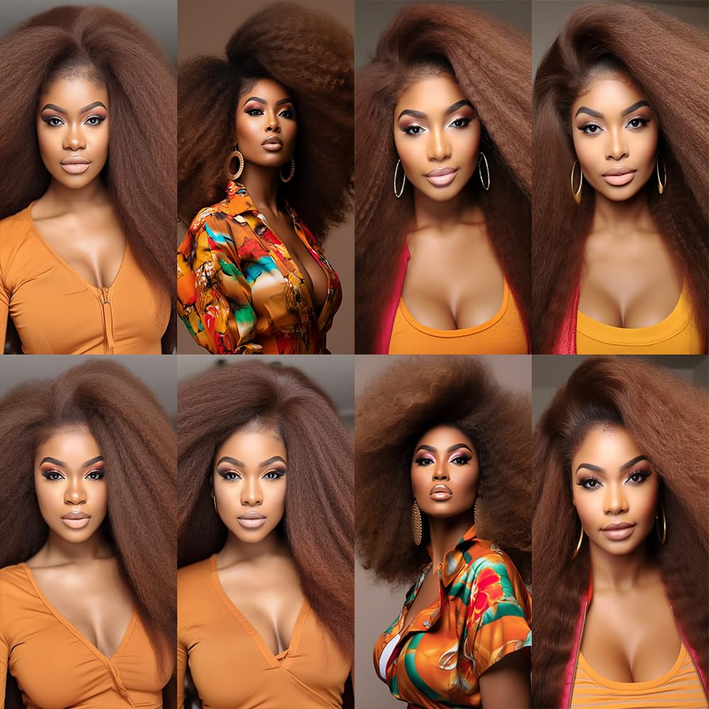 Color 4 Kinky Straight Bundles Human Hair Dark Brown Yaki Straight Bundles Chocolate Brown Double Weft Brazilian Remy Hair Extensions Soft and Silky for Black Women (20 22 24 Inch 3 Bundles)