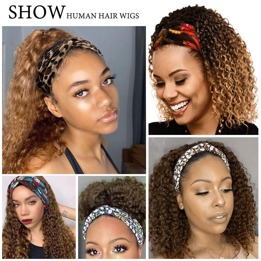 Glueless Headband Human Hair Wigs Deep Wave Ombre Natural Black to Strawberry Blonde Highlight No Lace Front Wigs 14 inch 150% Density Full Ends for Black Women with Pre-attached Scarf 1b27 Colored