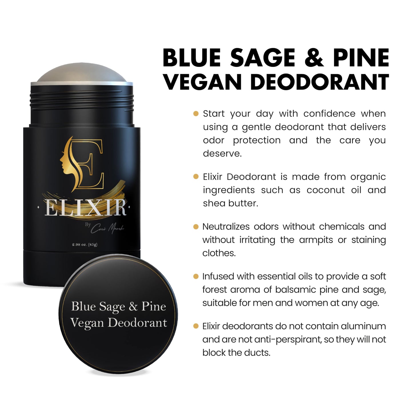 Elixir by Coco March Aluminum Free Vegan Deodorant -Blue Sage & Pine-Gentle Natural Ingredients w/Effective Odor Protection, Essential Oil Scent, Made w/Organic Coconut Oil & Shea Butter-2.98 oz