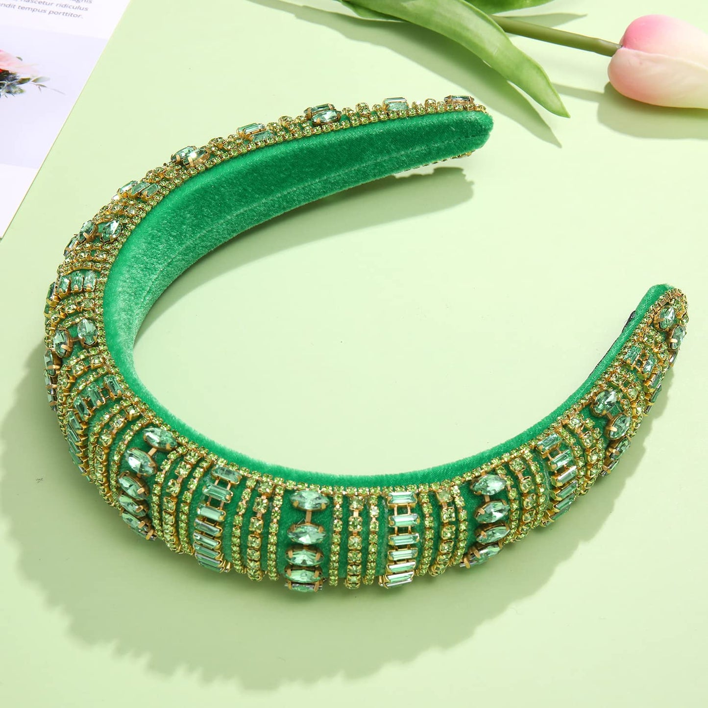 CEALXHENY Crystal Rhinestone Padded Headbands for Women Rainbow Crystal Embellished Hairbands Sparkling Bejewelled Velvet Headbands Wide Hair Hoop for Girls Party Hair Accessory Holiday Gifts (Green)