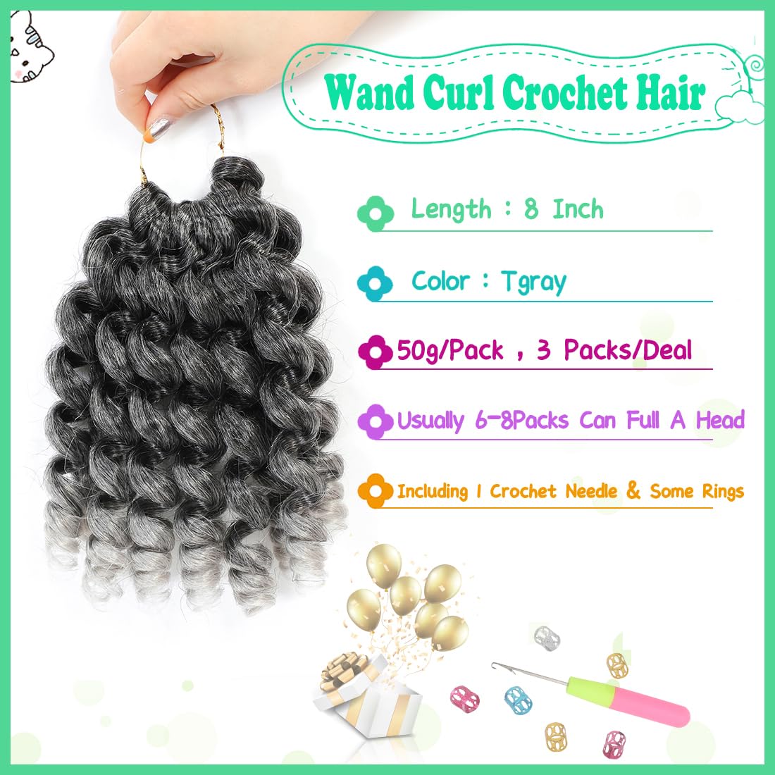 Jamaican Bounce Crochet Hair 8 Inch Crochet Curly Hair For Black Women 3 Pack Jumpy Wand Curl Crochet Hair Short Jamaican Twist Braiding Hair Extensions(8 Inch (Pack of 3),Tgray)