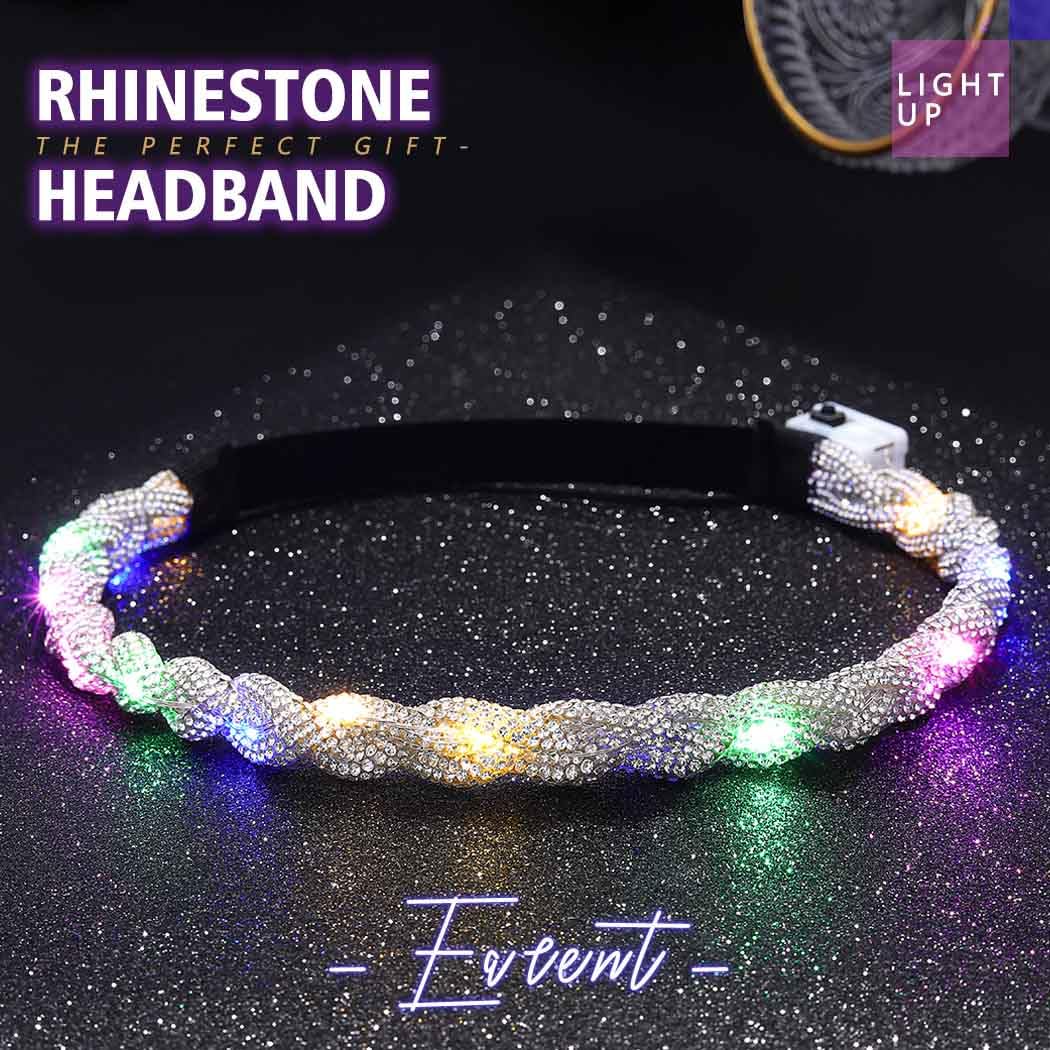 EARENT Light Up Rhinestone Headband Silver Led Crystal Headpiece Glowing Head Chain Sparkly Bridal Rave Costume Hair Accessories for Women(B-Silver)
