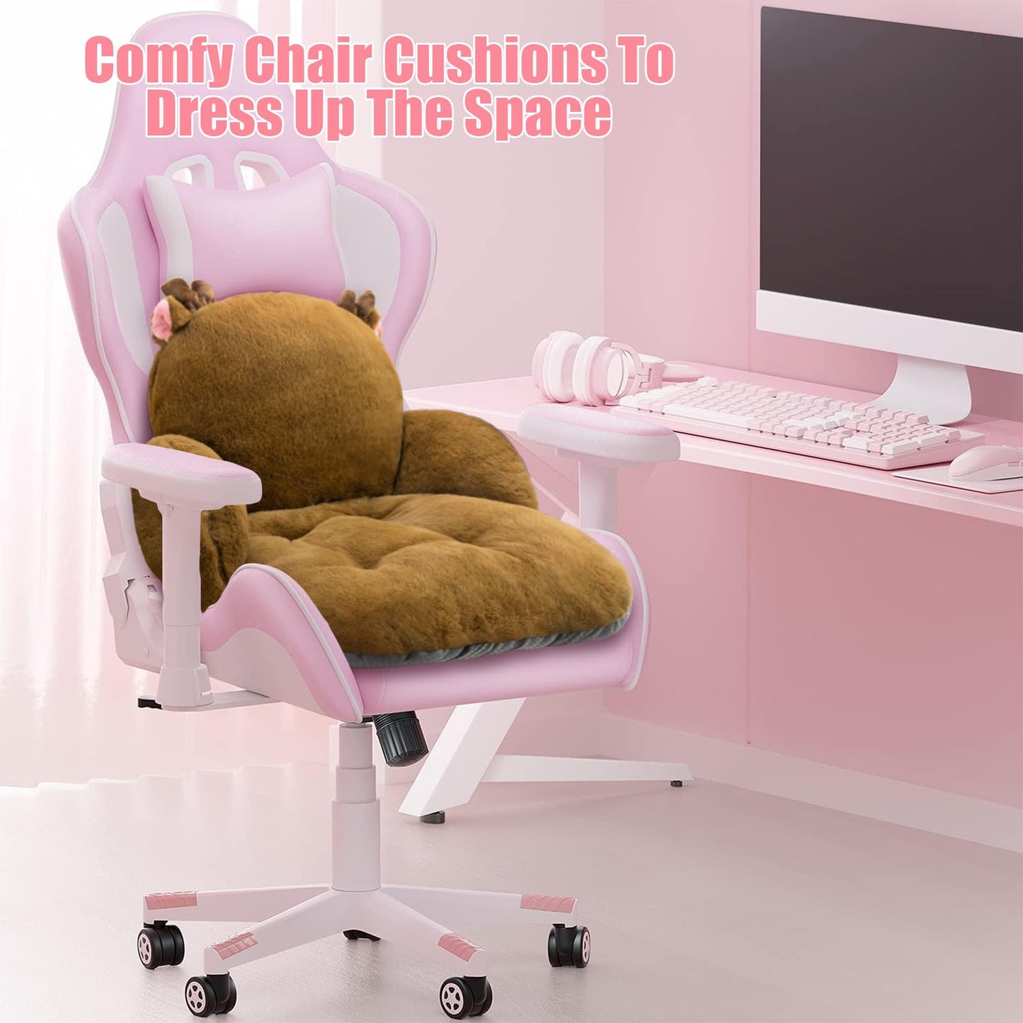 Cute Chair Cushion, Gaming Chair Cushion with Backrest Non-Slip, Kawaii for Gamer, Soft for Room Bedroom Decor(Brown Elk)