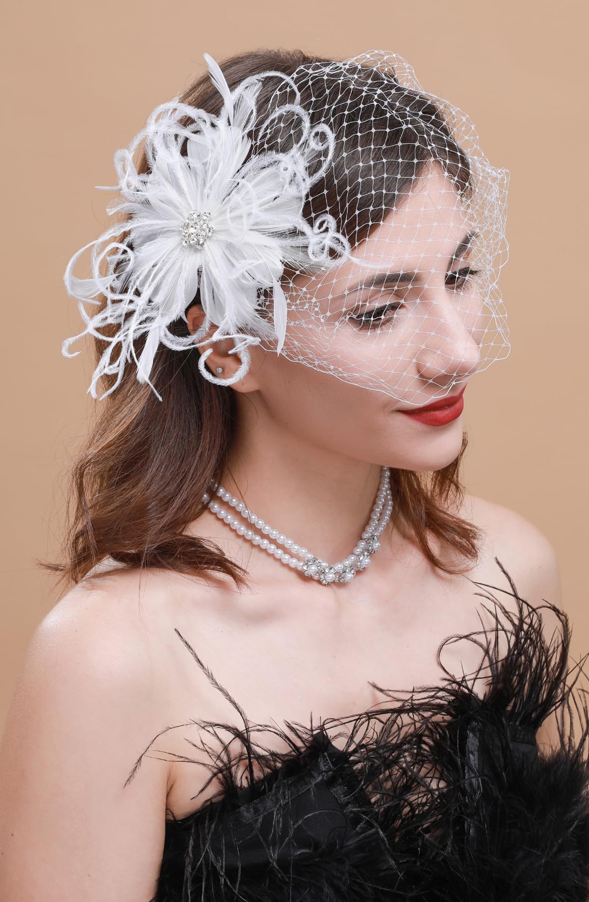 Cizoe 1920s Flapper Fascinator Mesh Face Veil Headband Bridal Wedding Tea Party Headwear with Veil for Women(G-Feather and Mesh White)