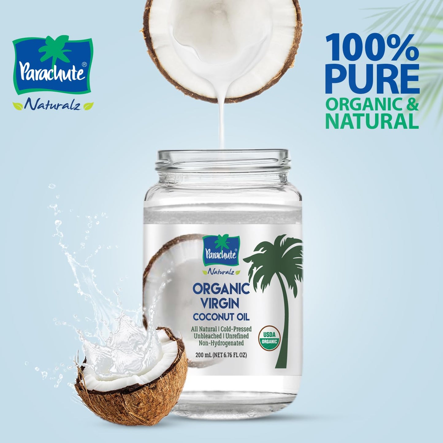 Parachute Naturalz Virgin Coconut Oil | 100% Organic Cooking Oil, Hair Oil and Skin Oil | Cold Pressed | USDA Certified |16 Fl. Oz | Glass Jar