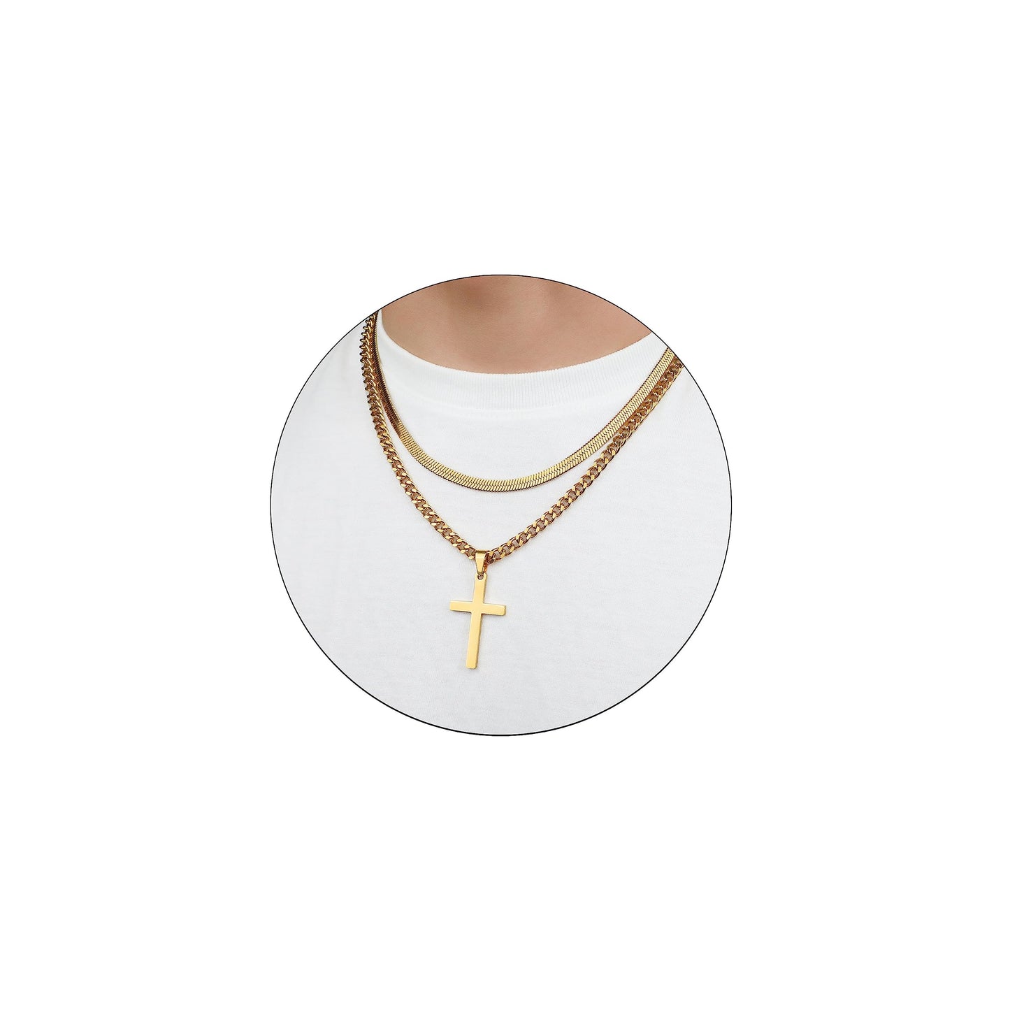 RUOOUY Layered Cross Necklace for Men Stainless Steel Layered Snake Chain Cuban Link Chain 16-24 inch Christian Cross Pendant Religious Jewelry Gifts(Gold22-24) Over 18 years old