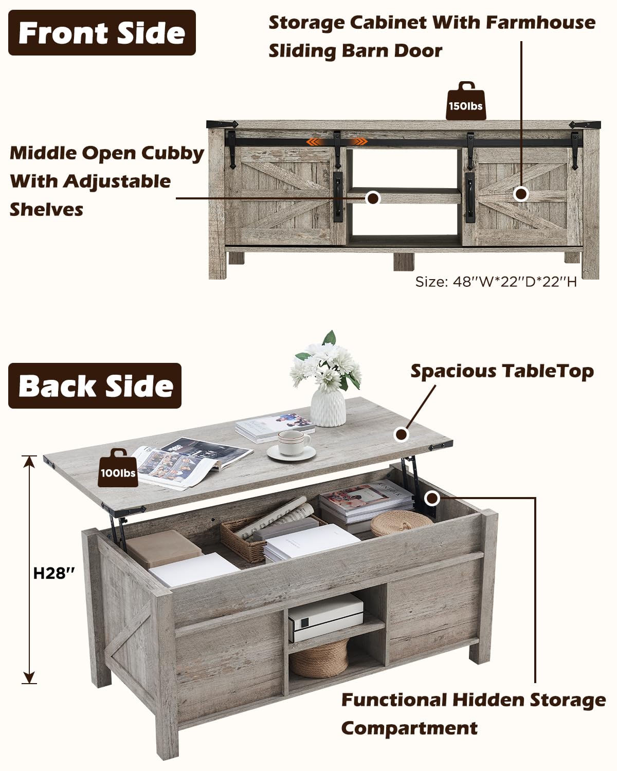 OKD 48" Farmhouse Lift Top Coffee Table with Sliding Barn Door, Rustic Center Table w/Hidden Storage Compartment, Lift Tabletop Dining Table w/Adjustable Shelf for Living Room,Light Rustic Oak