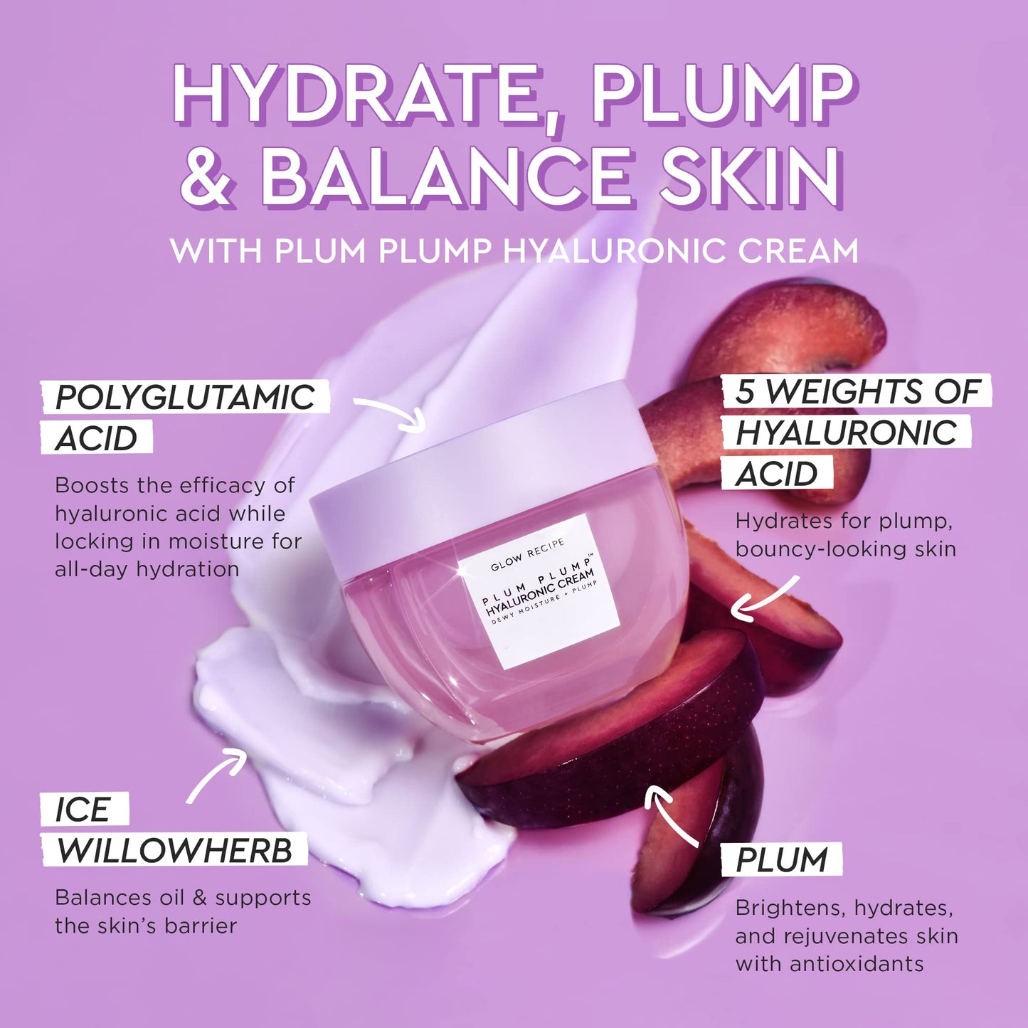 Glow Recipe Plum Plump Hyaluronic Acid Face Cream (50 ml) + Mini Travel Size (20 ml) - Daily Hydrating Skin Moisturizer to Plump, Balance, and Brighten Skin - Vegan Whipped Gel for a Daily, Dewy Glow