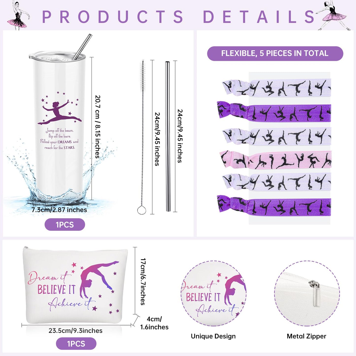 Junkin 3 Pcs Christmas Gymnastics Gifts for Women Include Stainless Steel Tumbler with Straw Makeup Bag Elastics Hair Ties for Gymnastics Lover(Purple)