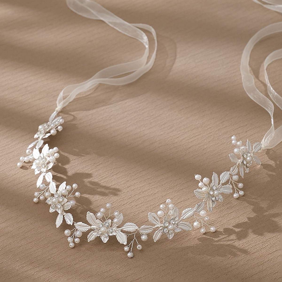 EneQutum Wedding White Metal Hairband, Crystal Pearl Headpiece, Forest flowers Hair Vine Bride Accessory for Women and Girls