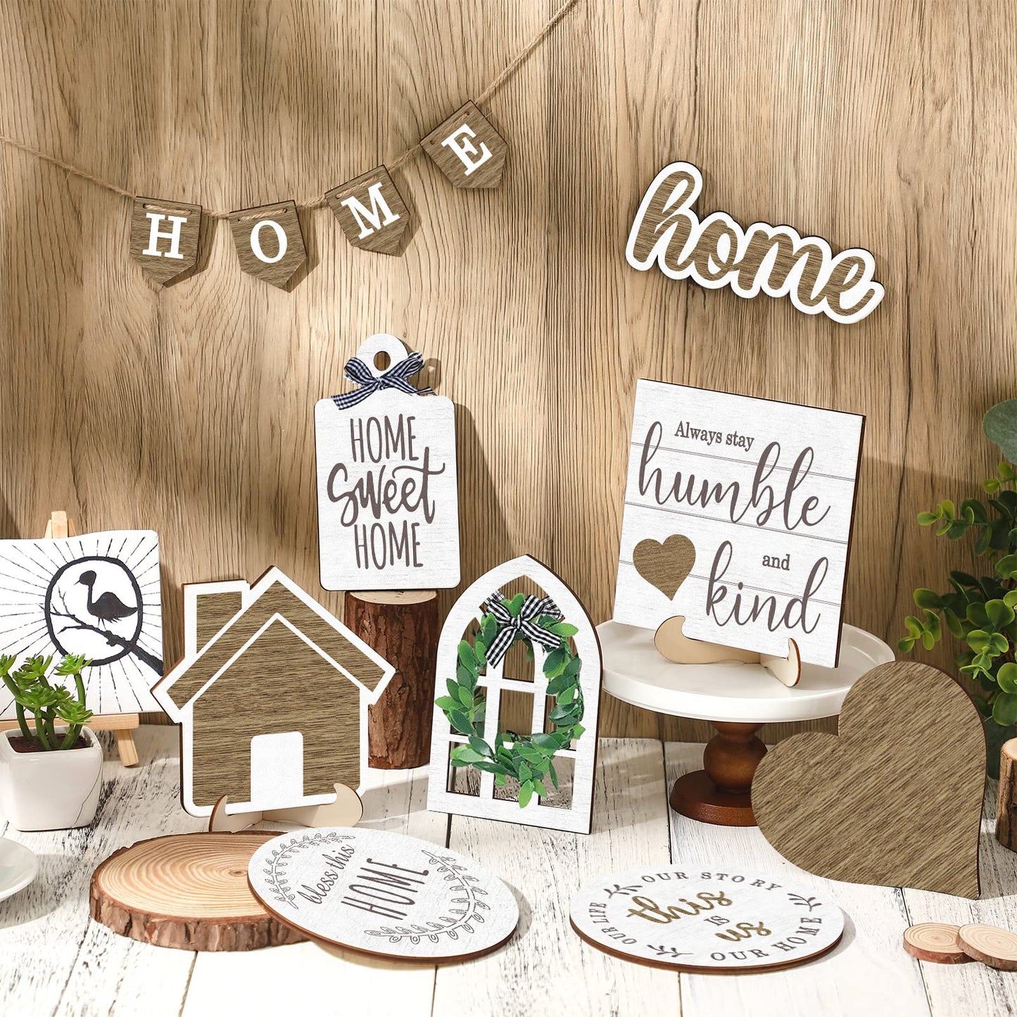 Maitys 10 Pcs Summer Beach Tiered Tray Decoration Set Farmhouse Rustic Decor Wood Sign Rustic Table Ornaments for Kitchen Table Housewarming Gift (Home Style)