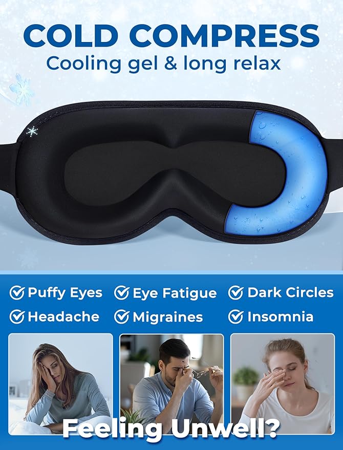 3D Gel Cooling Sleep Mask Blackout-Cold Eye Mask for Eye Compress, Cooling Weighted Eye Mask for Sleeping, Zero Eye Pressure, Ice Cold Pack, Cold for Migraine, Puffy Eyes, Dry Eyes-Blue
