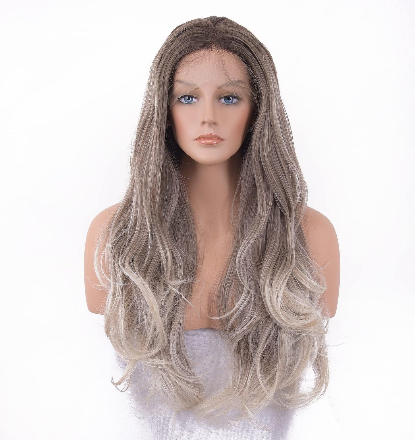 EALGA Ash Brown Wigs for Women, Ombre Silver Blonde Hair Lace Front Wig with Brown Roots, Natural Wavy Glueless Wig 22 inch Middle Part EALGA-081-NEW