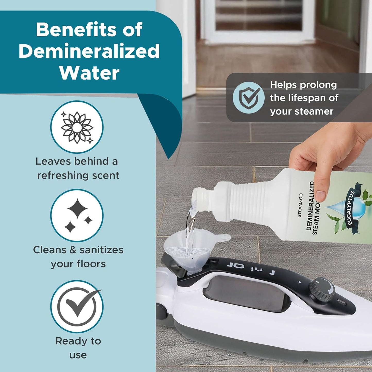 Steam & Go Demineralized Water for Steam Cleaner, PVC-Free Floor Cleaner Liquid Compatible With Any Steam Mop, Ready-to-Use Multisurface Cleaner, Scented, Eucalyptus Mint, 32 oz, Pack of 18