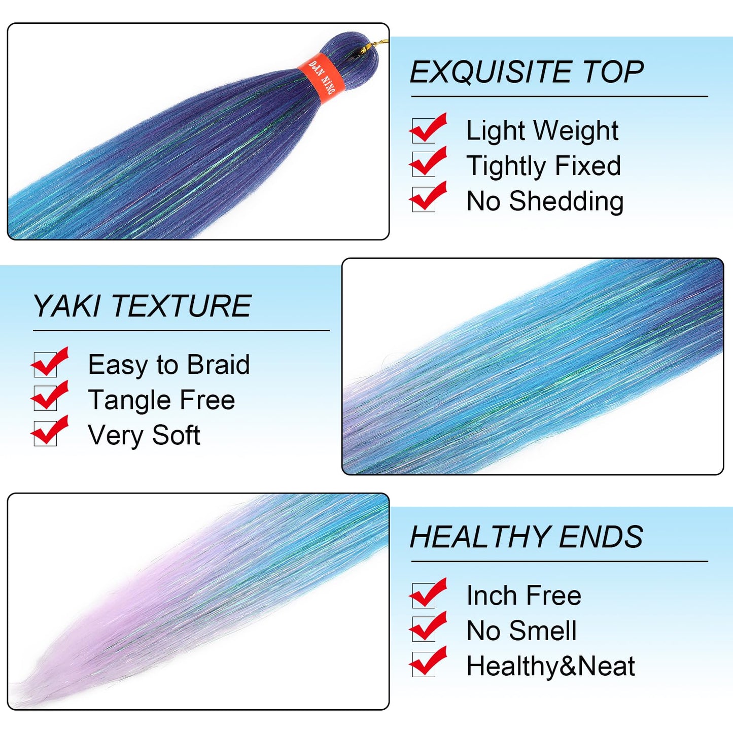 Glitter Ombre Lake Blue Purple Festival Pre Stretched Braiding Hair with Tinsel Shinny 30 Inch Yaki Texture Box Braid Hair Extensions 3 Packs Yaki Texture Easy to Use for Party