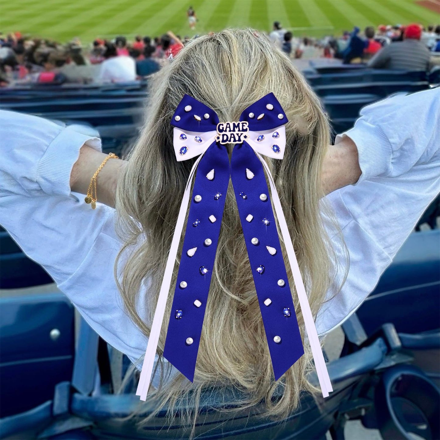 Game Day Hair Bows Accessories for Women Jeweled Football Hair Bow Clips Large Hair Ribbons Blue Spirit Day Accessories Game Day Outfits Sports Team Spirit Football Mom Accessories Gifts (Pattern B3)