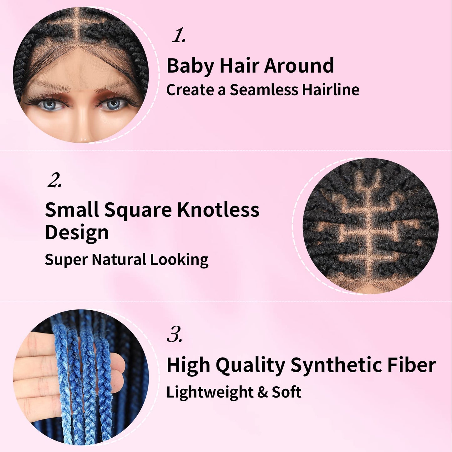 Kalyss 24" Lace Front Braided Wig Short Box Braid Wigs for Black Women Square Knotless Braided Wigs with Baby Hair Human Hair Blended Ombre Dark Blue and Pastel Sky Blue Braids Wig