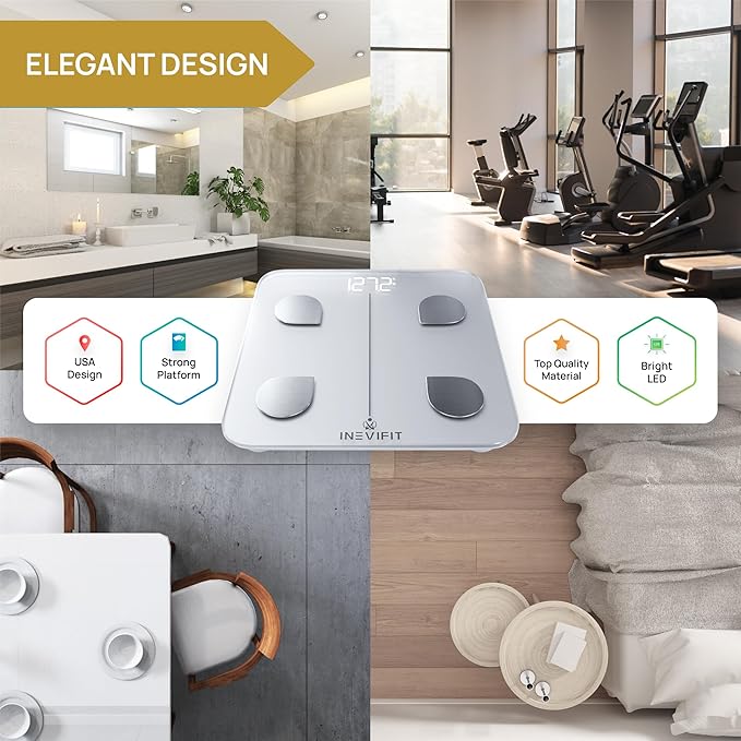 INEVIFIT Smart Body Fat Scale, BMI Highly Accurate Bluetooth Digital Bathroom Body Composition Analyzer. Measures Body Fat, Water, Muscle, Bone Mass & More for Unlimited Users