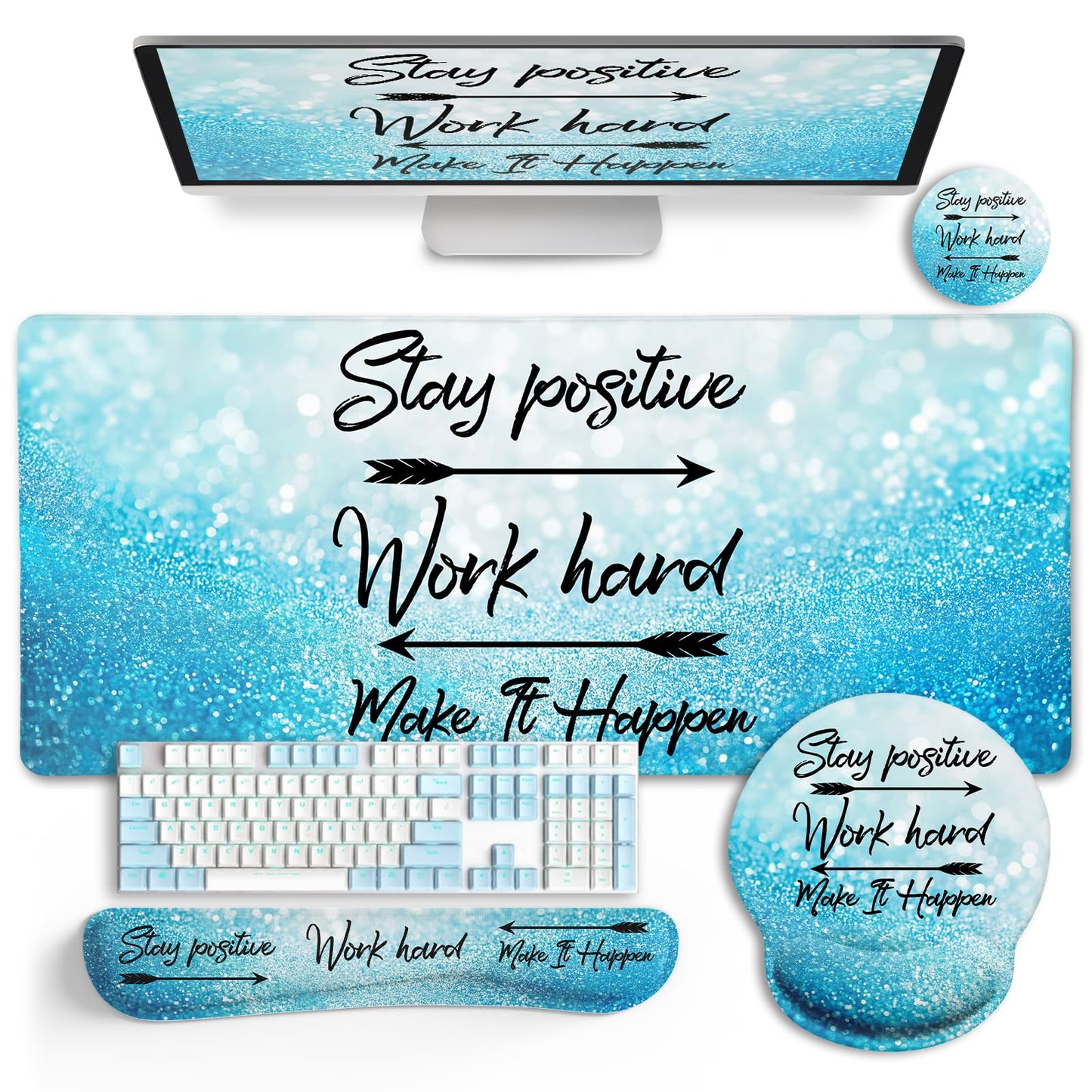 Desk Mat Pad, XXL Large Gaming Mouse Pad with Wrist Rest Wrist Support, Ergonomic Mouse Pad, Keyboard Wrist Rest, Coaster, Home Office Desk Accessories Decor Supplies, Stay Positive