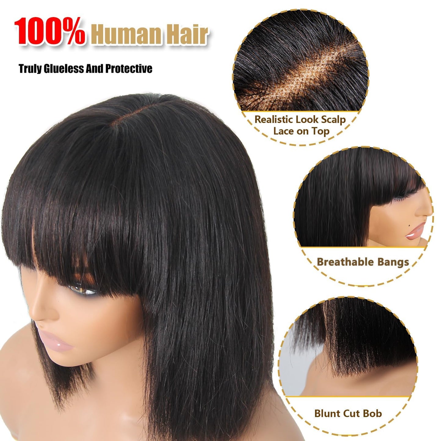HAIRHOBBY Wigs With Bangs Human Hair, 12 IN Realistic Look Natural Straight 2x1 HD Lace Glueless Bangs Wigs For Woman, Wear And Go Brazilian Virgin 180% Density Short Blunt Cut Wigs