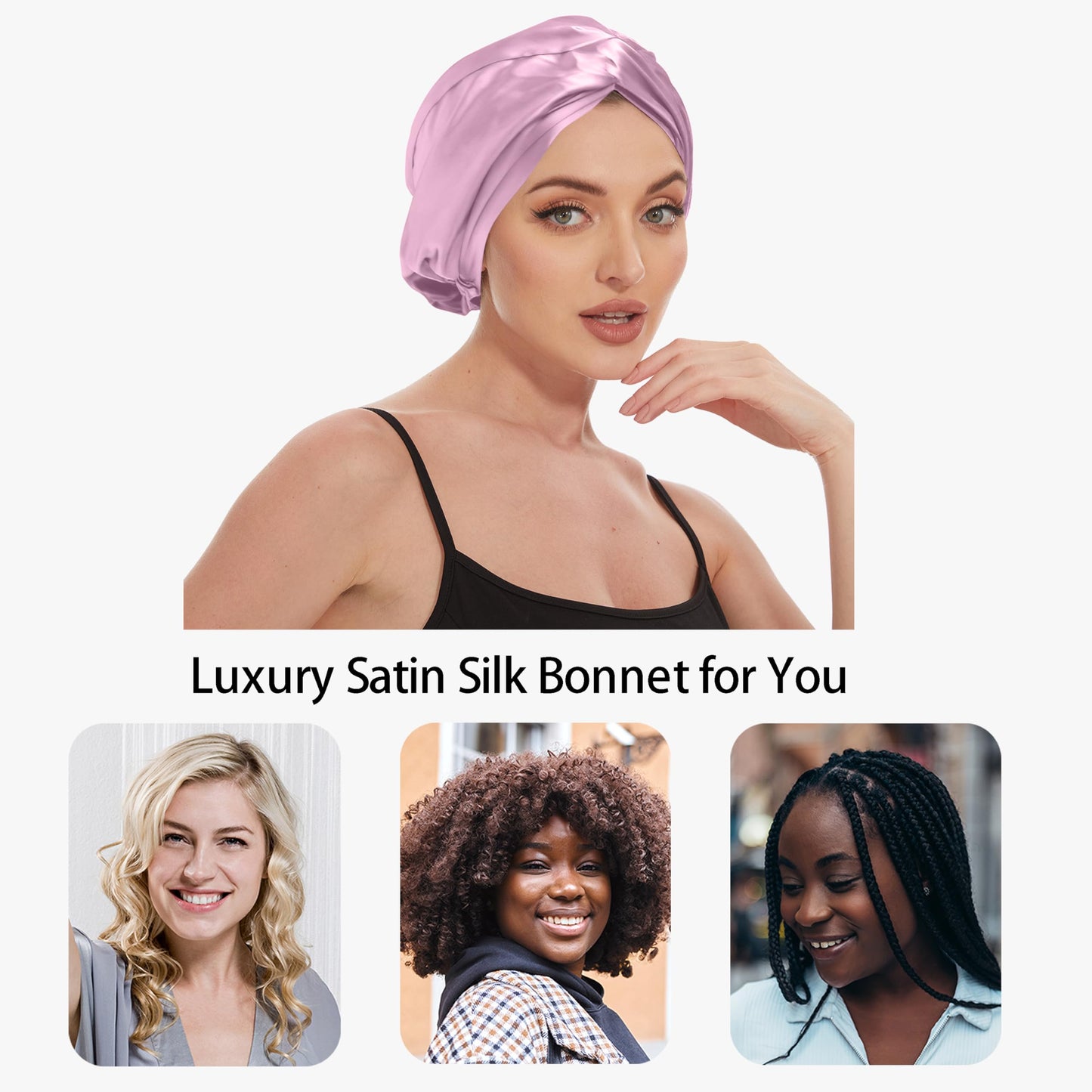 Adjustable Silk Satin Bonnet for Sleeping Hair Wrap, Double Layer Sleep Cap, Night Turban for Large Long Curly Braid Women Men Hair - Lavender Purple