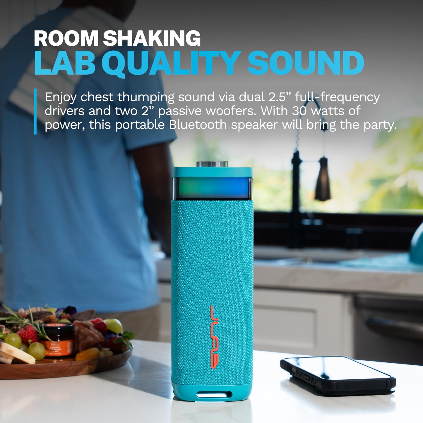 JLab JBuds Party Portable Bluetooth Speaker, 2 Full-Range Drivers + 2 Passive Woofers, IPX6 Waterproof, 12 Hours Playtime, Connect Multiple Speakers, Custom Sound + RGB Lighting via App, Cyan