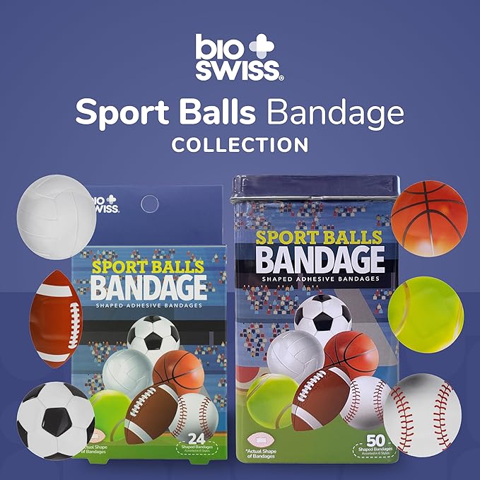 BioSwiss Bandages, Sports Balls Shaped Self Adhesive Bandage, Latex Free Sterile Wound Care, Fun First Aid Kit Supplies for Kids and Adults, 24 Count