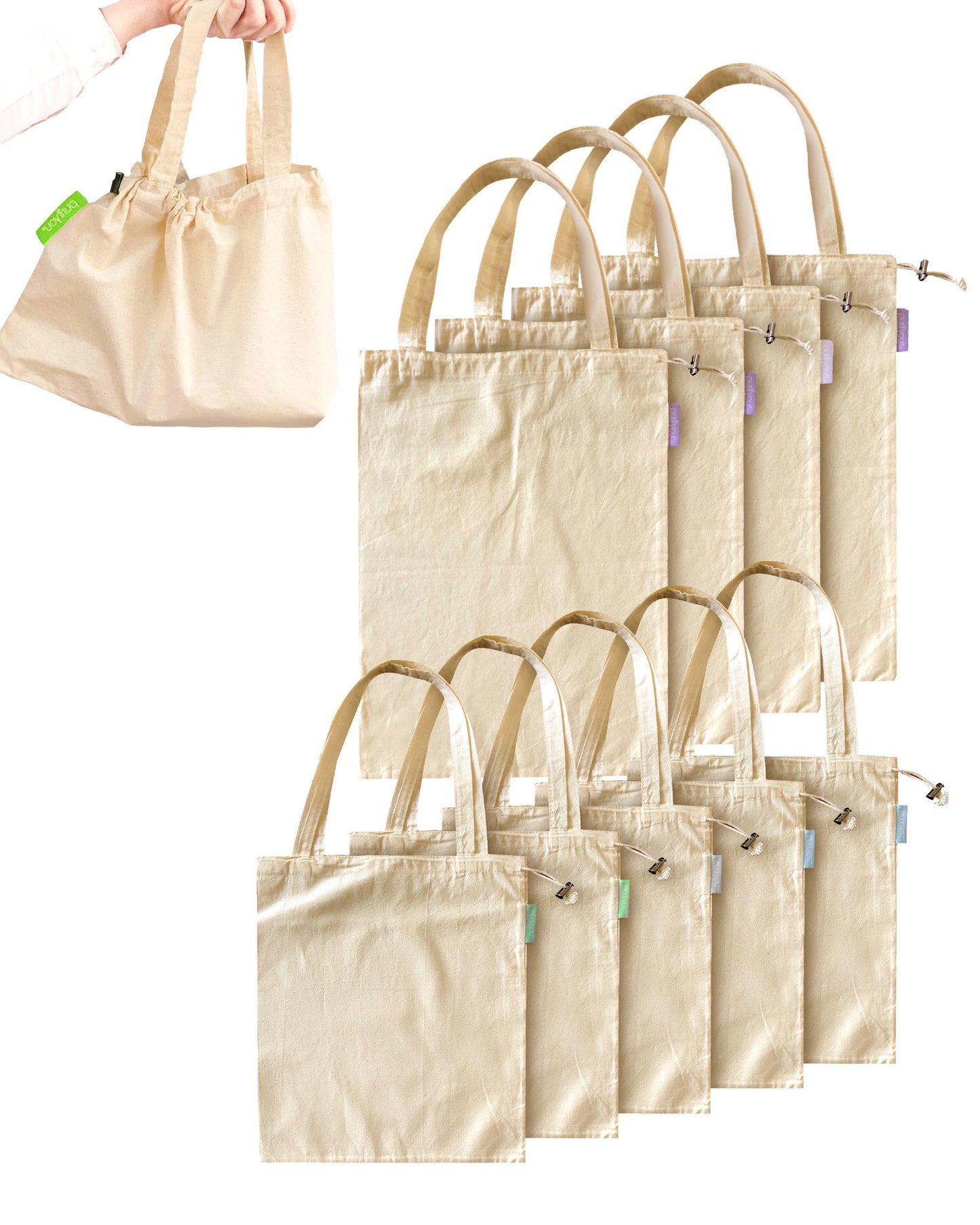 purifyou Set of 9 Reusable Produce Bags, Heavy Duty Washable Mesh Grocery Bag with Drawstring, Ideal for Farmers Market, Beach, and Refrigerator Storage (Extra Large, Large, Small)