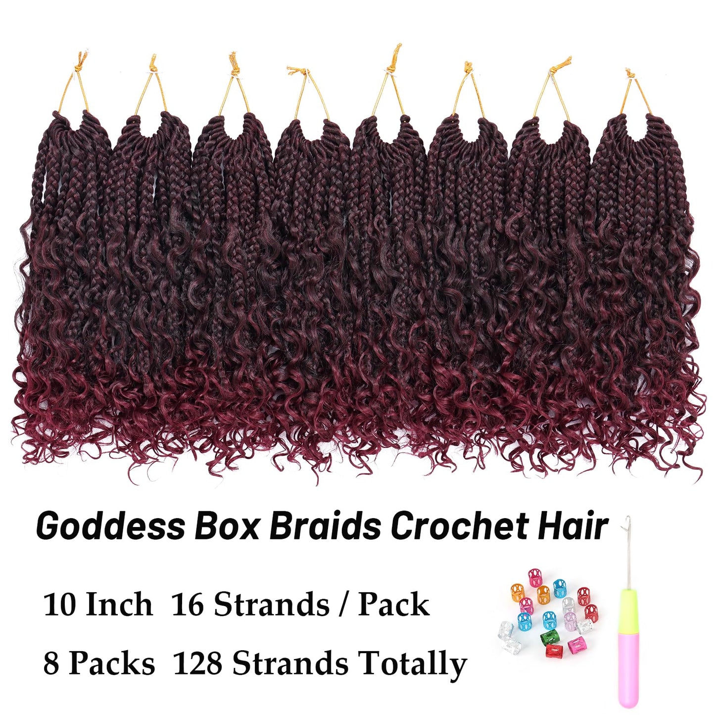 Goddess Box Braids Crochet Hair 10 Inch 8 Packs Pre-looped Bohemian Crochet Boho Box Braids With Curly Ends Red Burgundy 3X Crochet Braids Hair for Women Synthetic Braiding Hair (#1B/BUG)