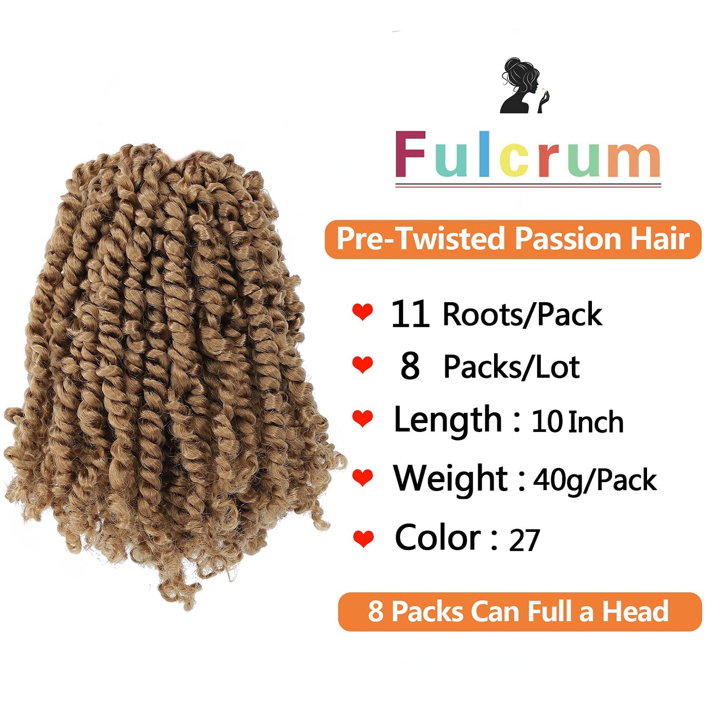 Fulcrum Passion Twist Crochet Hair 10 Inch, 8 Packs Pre Looped Passion Twist Hair, Pre-Twisted Passion Twist Crochet Hair For Black Women (10Inch (Pack of 8), 27#)